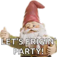 a gnome giving a thumbs up with the words let 's frigin ' party behind him