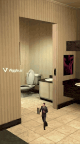 a man in a suit is running in a bathroom with a sign that says viggle.ai on it
