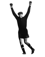 a black and white photo of a man with his arms up in the air