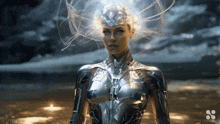 a woman in a futuristic costume with a glowing headpiece