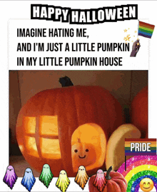 a pumpkin with a face carved into it is surrounded by ghosts and says happy halloween