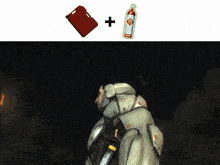 a man in a futuristic suit is standing next to a red gas can