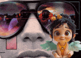 a cartoon girl with wings is sitting in front of a man wearing sunglasses