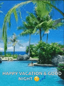 a happy vacation and good night greeting card with a swimming pool surrounded by palm trees