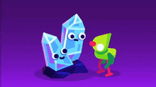a cartoon character standing next to a blue crystal with faces on it