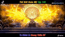 a video of a man sitting on a throne in front of a golden circle with a tik tok logo in the corner