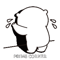a black and white drawing of a bear with the word prims corner below it