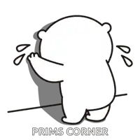 a black and white drawing of a bear with the word prims corner below it