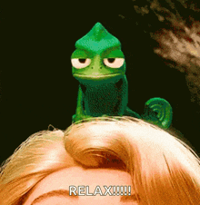a green lizard is sitting on top of a woman 's head with the words relax written below it