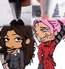 a drawing of a girl with pink hair standing next to a girl with brown hair
