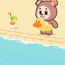 a cartoon bear is swimming in a pool with a rubber duck and a drink in his hand
