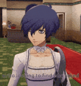 a girl with blue hair is standing in a room with the words sirito looking to find who asked above her