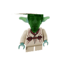 a lego figure has a green face and a white shirt