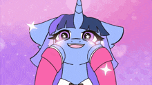 a cartoon drawing of a blue unicorn with a pink background