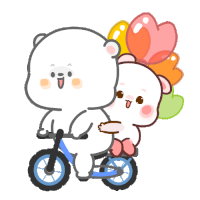 a cartoon bear is riding a bike with a baby bear on his back