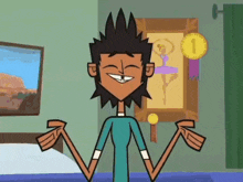 a cartoon character is smiling in front of a picture of a ballerina