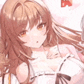 a close up of a girl with long brown hair and a white dress
