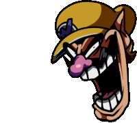 a cartoon drawing of a man with a purple nose and a yellow hat