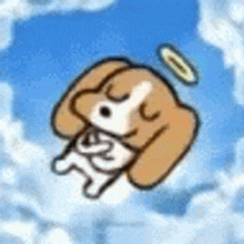 a cartoon dog with a halo on its head is flying through the sky .