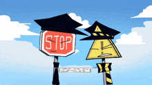 a stop sign and a warning sign are shown in a cartoon