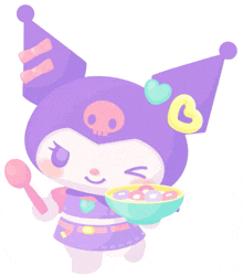 a cartoon character holding a bowl of cereal with a heart on her head
