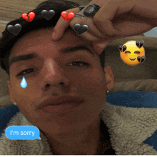 a man with a tear coming out of his eye and a speech bubble saying i 'm sorry