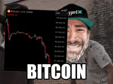 a man with a beard is smiling in front of a bitcoin graph