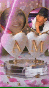 a picture of a man and a woman with two hearts with the letter a and m on them