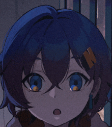 a close up of a blue haired anime girl 's face