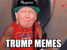 a man wearing a hat and a tank top that says trump meme