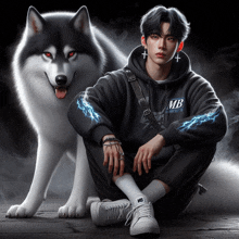 a man wearing a mb hoodie sits next to a husky
