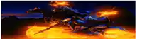 a ghost rider is riding a motorcycle through a fire filled desert .