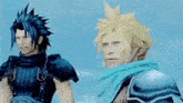 two video game characters are standing next to each other in the snow .