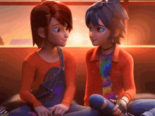 two cartoon characters are sitting next to each other holding hands