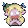 a pixel art drawing of a fairy with a flower in her hair and a surprised look on her face .
