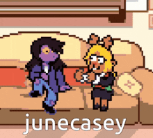 a pixel art drawing of two girls standing next to each other with the name junecasey written on the bottom