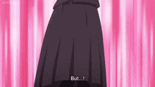 a girl is wearing a black skirt and says but