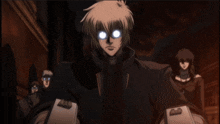 a cartoon character with glowing eyes holds two guns