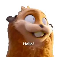 a close up of a cartoon animal with the words hello on it