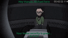 a cartoon of a man standing on a set of stairs with the caption hey vsauce michael here