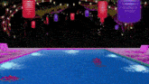 a pixel art of a swimming pool at night with lanterns