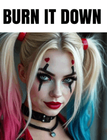 a harley quinn costume with the words burn it down