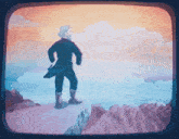 a painting of a man standing on a cliff