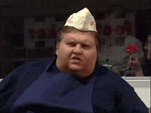 a fat man wearing a hat and an apron with the words dance break below him