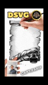 a person is holding a cell phone with a picture of a man on it and a scroll that says dsvg on it