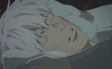 a cartoon character with white hair and blue eyes is laying down