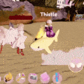 a girl is riding a shark in a video game with the word thistle on the bottom