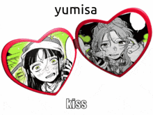 a couple of heart shaped mirrors with yumisa kiss written below them
