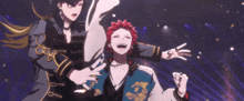 a group of anime characters are dancing on a stage and one of them is wearing a blue jacket with a dragon on it