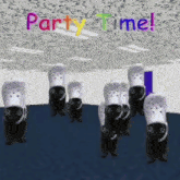 a group of black cats are dancing in front of a sign that reads party time